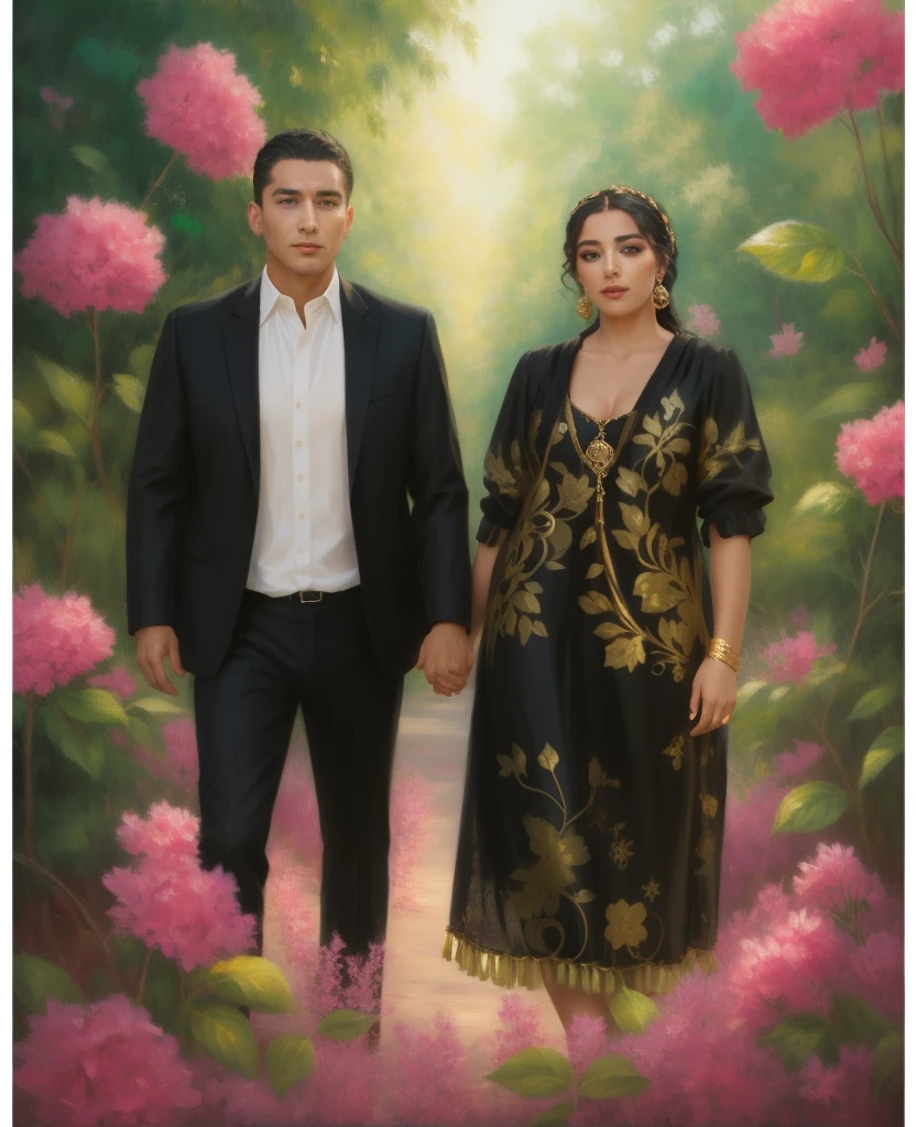 The man in a suit , gypsy woman in black dress with gold