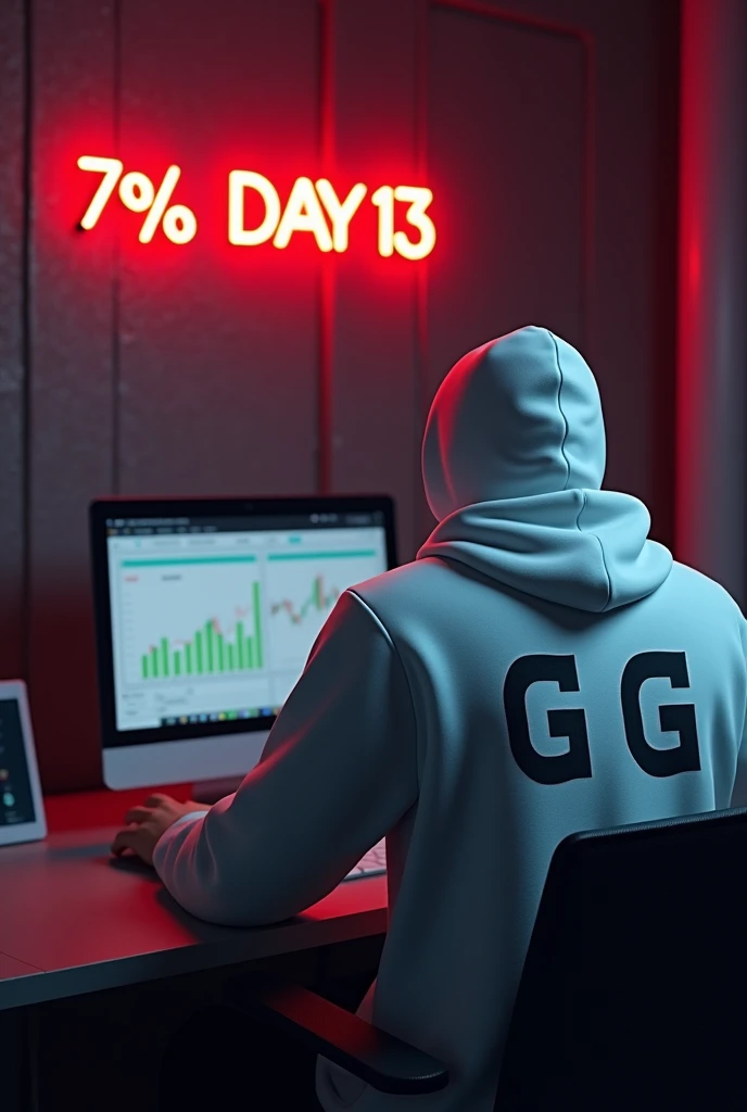 Create a 3d image of a man sitting in trading room on money and working on trading application on his pc the boy face not visible must white hoodie and his name "G G" written on the hoodie. Pic from back side pc monitor visible. And wall "Day 13" written on red neon light.