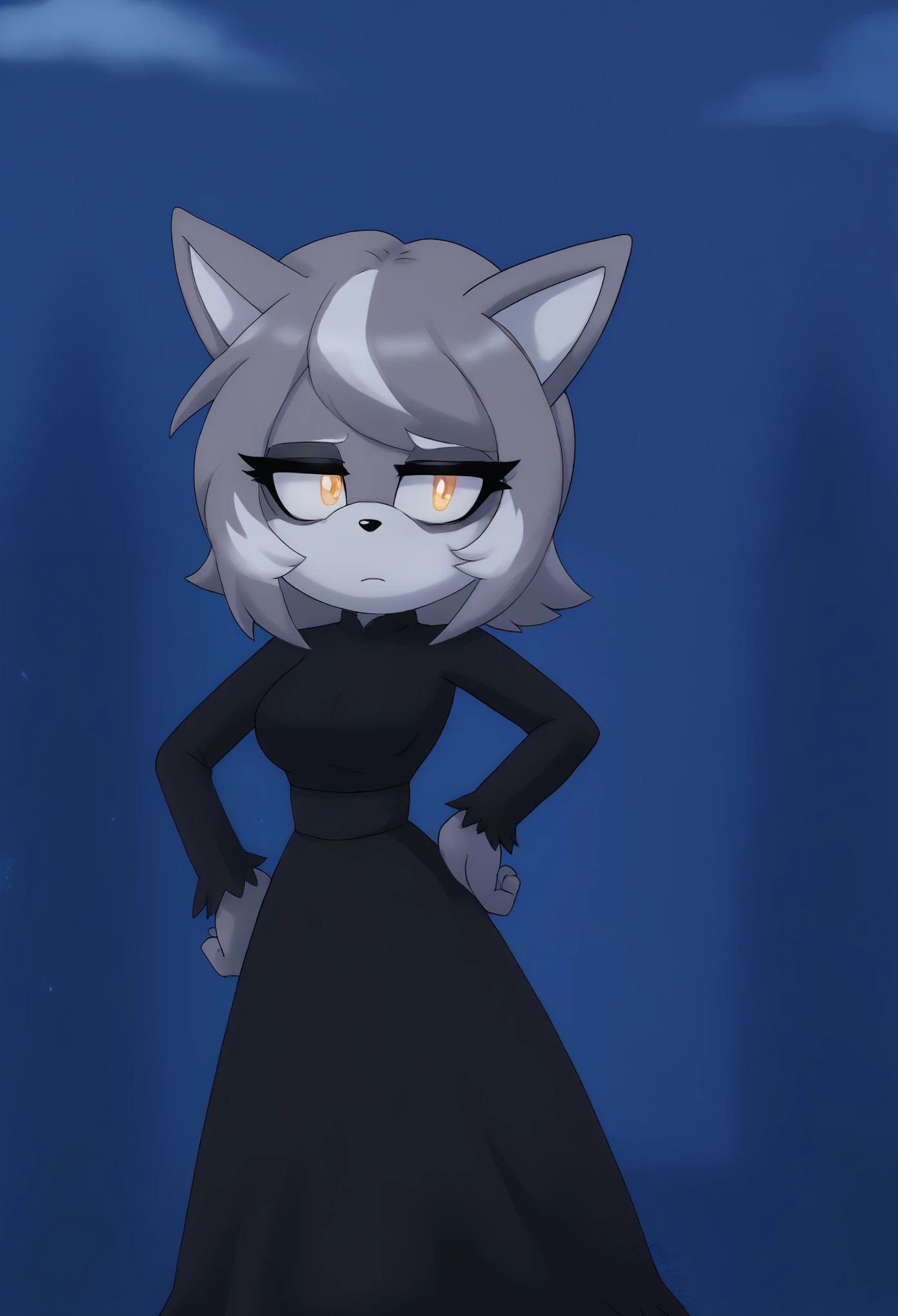 Female red wolf, (great detail), 1girl, solo, dark burgundy fur, medium hair, white highlights in hair, fringe-trim styled bangs, amber colored eyes, black dress, high split dress, dusk/night, cloud, (1girl), (solo), outdoors, tree, tired, hand on hip, arm at side, looking to the side, medium breasts, upper body, fringe_trim, standing, eyelashes, mobian, Mobius city