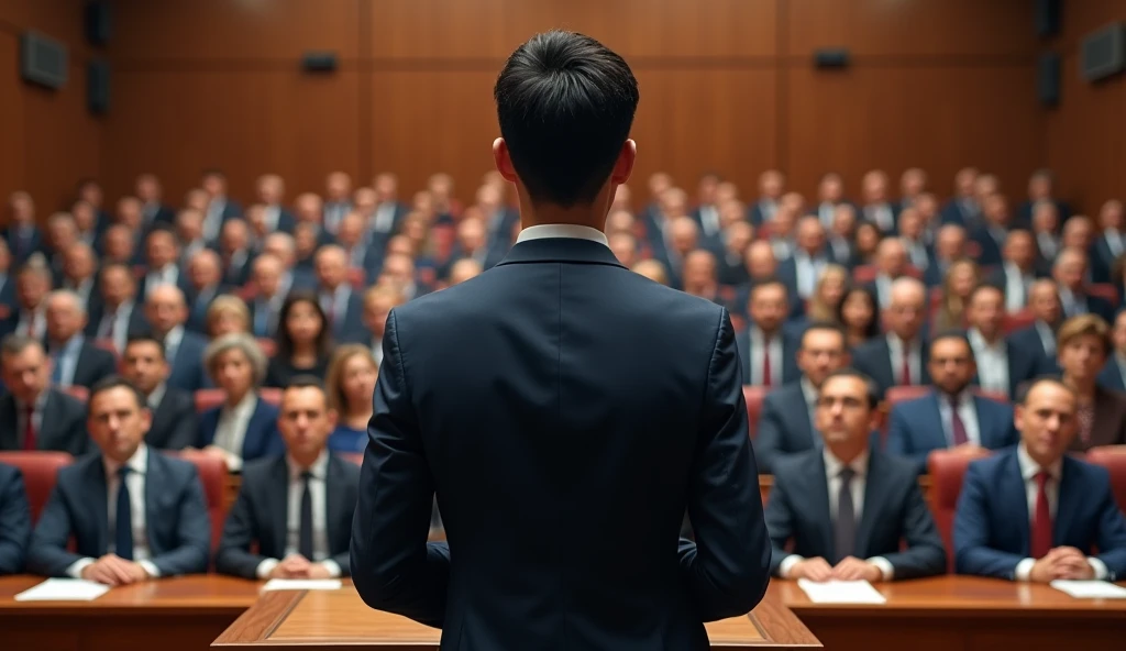 A young Asian man in a suit is speaking to politicians from various countries sitting in their seats in a huge lecture hall.,Politicians from all over the world are looking at men,No flags appear,