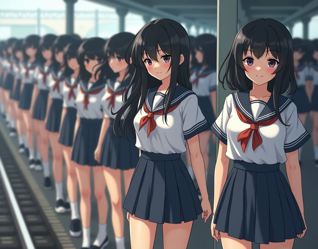 (((((Japanese Clone-girls=Myself))))), (((Super Best masterpiece Clone-girls Raw Photography Art))), (((16K, Highest quality, Ultra-high resolution, RAW Photos))), (((It's so unrealistic., With unparalleled depiction, With an unfathomable sight, An unprecedented and shocking worldview, Clone-girls: In a world of mass reproduction, Ultra-realistic))), (((Japanese Girls, Yokoyama-Yui, 18yo, Small face, Thick black hair, long hair, Dark Eyes, Mature face, Cute Smile, Smiling face, A gentle gaze, (((Very pleasant look)))))), (((Very beautiful detailed girls, Accurate body structure, Accurate body movements, Very detailed body, (((Super big breasts, Large bulge of ample breasts)))))), (((High school girl's summer uniform, Short sleeve, mini skirt, hour々I can see your pants, Cleavage Emphasis, Emphasise the fullness of your breasts))), ((((((((Very detailed, Myself cloning, Depiction of splitting oneself, 1Myself girl→1,000,000,000,000,000,000,000,000,000,000Myself cloning girls)))))))), (((((((Myself clone-girlsから, Myself keeps multiplying, (Very detailed and intricate, To the exact, Flawless, (((In the same female body,With the same face, With the same hairstyle, In the same clothes, At the same height, 同じSuper big breastsである))), In a detailed depiction), 1,000,000,000,000,000,000,000,000,000,000 people))))))), (((((Myself girls only))))), (((((1,000,000,000,000,000,000,000,000,000,000Myself girls))))), Myself waiting for a train on the platform at a station in Japan, Depicting yourself moving and standing, View from the train side, Where the wind blows, A super crowded scene, Clear and accurate perspective depiction, Ultra-wide field of view, wide view, Focus on the average value of the image