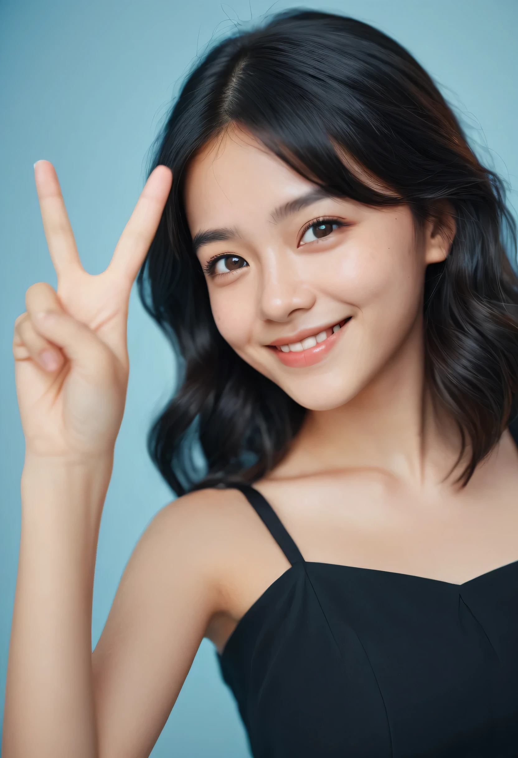 detailed portrait of a young girl, black hair, black dress, one hand making a V sign, smiling, against a simple light blue background, realistic, photorealistic, best quality, 8k, ultra-detailed, sharp focus, vivid colors, physically-based rendering,Film Portrait Photography, One person, Exposing shoulders, Shoulder-length wavy hair, Calm, Calm, (Realistic eyes, Natural skin texture, Realistic facial details), Soft and dramatic lighting, Depth of written boundary, Bokeh, Vivid details, In detail, Surreal, 35mm Film, Blurred, movie,