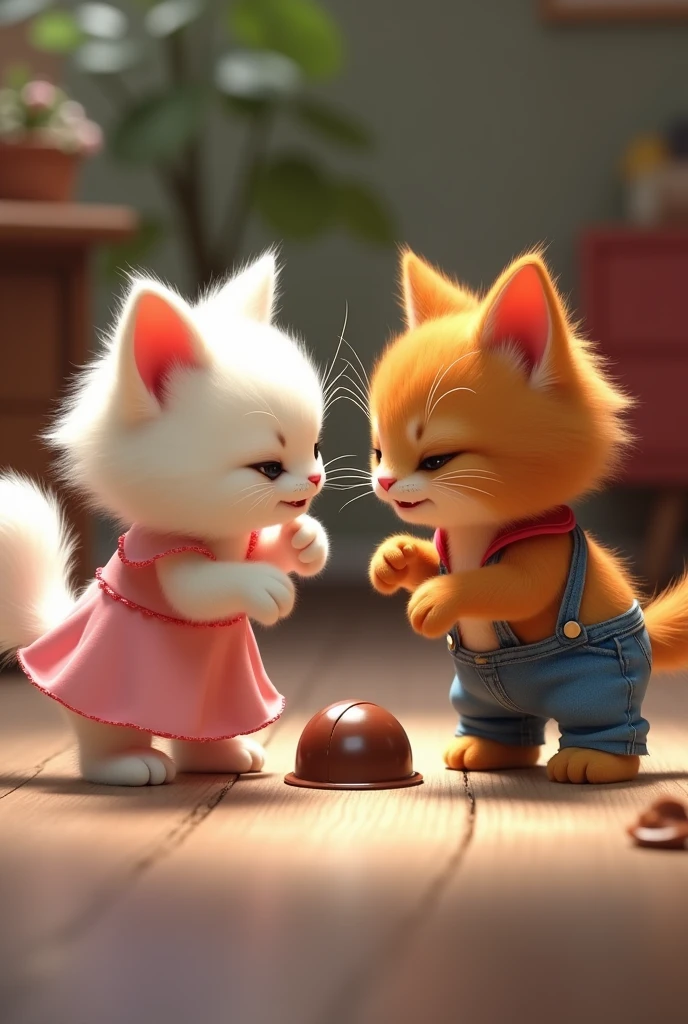 A small white girl cat in pink frock and a small brown boy cat in blue jeans fighting with each other  with anger  for a chocolate