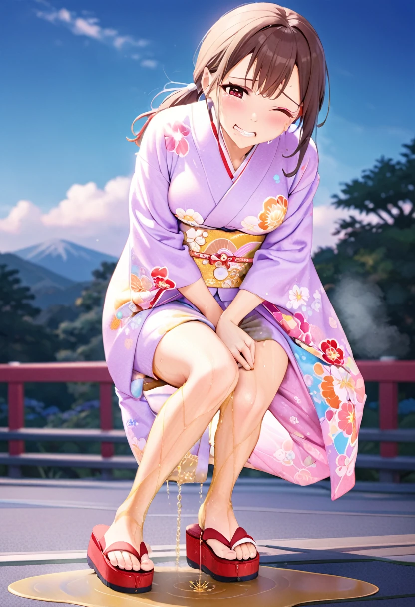 NSFW, (masterpiece, top quality, best quality, highly detailed:1.6), anatomically correct, (full body), wide shot, long shot, (Knee rubbing:3), (leaning forward, Hold the crotch area over the clothes:2), (standing:2), (((clutching crotch))), (woman standing in the shrine, outdoor), (Pastel Colors kimono, Maxi Length, Extremely wet with pee:2.5)),strong facial expression, (sharp eye:1.2), (scowl:1.1), (embarrassed,blush:1.3), (steam:2.5), (Wet:1.1), (sweat:1.1), (trembling:1.3), (open mouth, wavy mouth:1.7), (clenched teeth:2.3), (Drooling from the mouth:0.7), (half open eyes:2.5), (Close one eye, Winking:3), (tears:3), (feeling weak:1.5), (bravery crying, sobbing:1.5), (shoot from front:1.2), (Red sandals:2), (long hair, Dark Brown hair, low ponytail:1.5), (woman trembling with sexual climax:1.5), colorful, perfect composition, (Touching the crotch:1.7), urination, incontinence, piss, peeing self, A lot of pee, (((pee stream))), (pee puddle), Wetting herself, peeing, blush, trembling, embarrassed, large breasts, Yellow pee, ((leaking pee)), Shaking one's shoulders, Breaking a sweat on forehead, Pee spread on the floor, (Pee stains), Full bladder, ((Pee-soaked kimono)), natural makeup,Pee dripping from kimono,(Kimono with big urine stains),