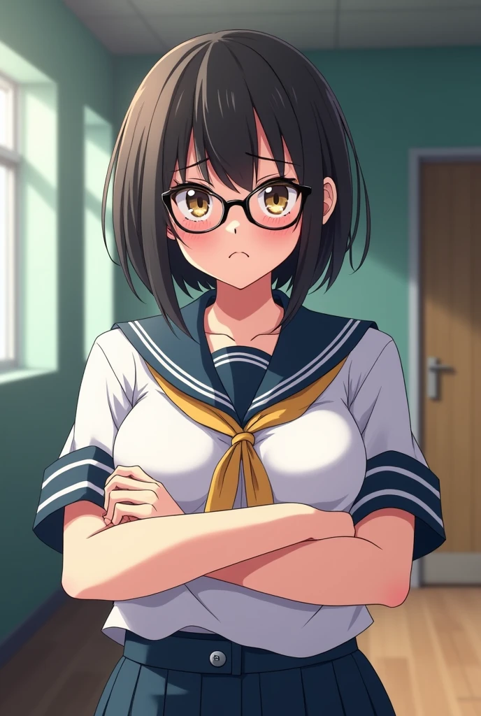 Ugly girl wolfcut hair with glasses, School uniform,Crossing her arms under her G cup breasts,With a large breasts:86 meters,Anime art