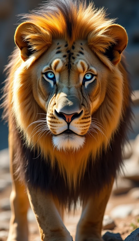 Create an ultra realistic 8k image of a big strong lion , blue eyed handsome