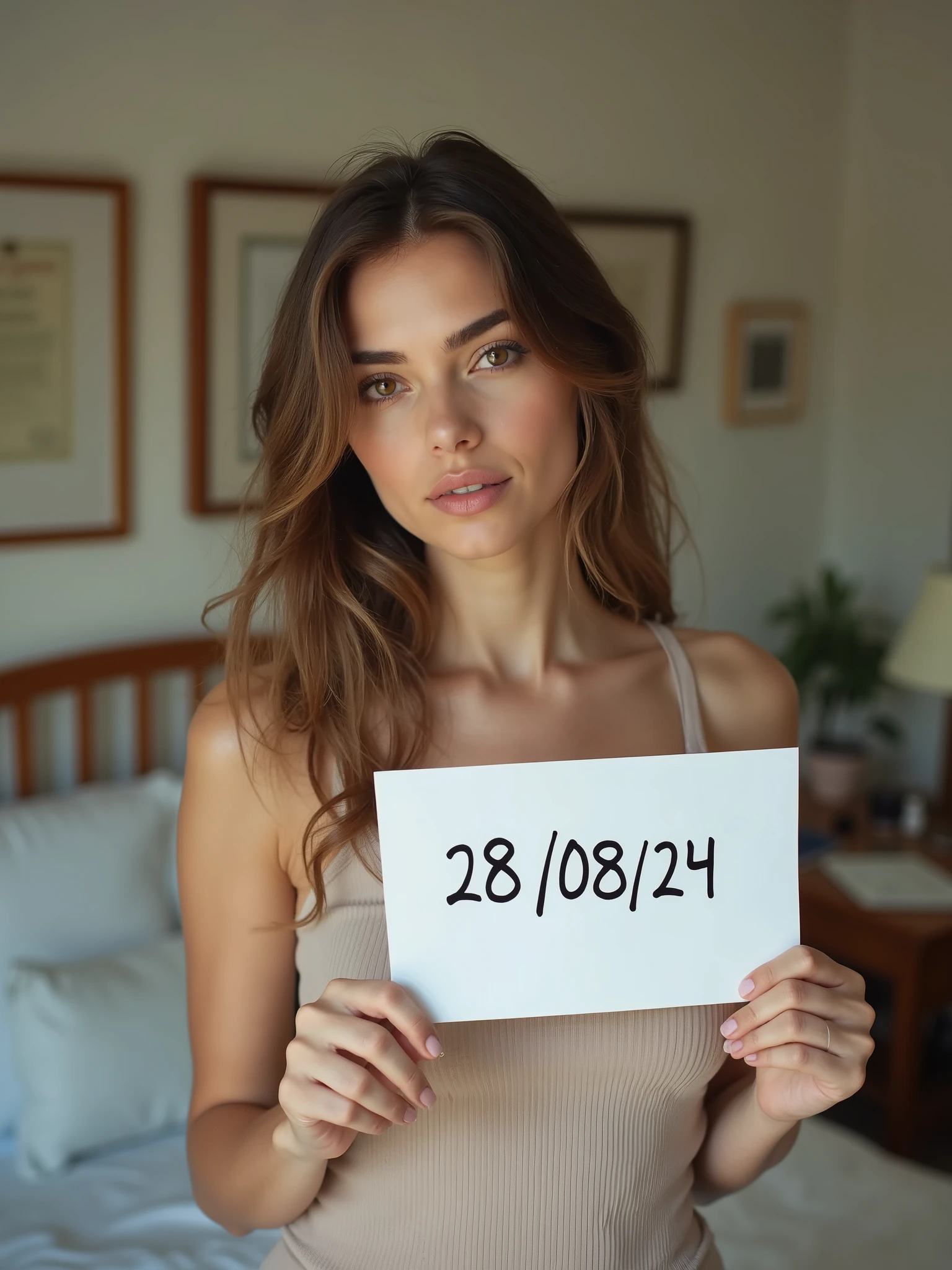 a very beautiful woman taking a selfie in her bedroom. He is holding a white piece of paper in one hand with the date "28/08/24" written on it in bold black ink and it look like real human handwritten. The woman is in a room with light-colored walls, and the background includes some framed items on the wall, possibly certificates or pictures, along with a desk that has various objects, including a lamp and some papers. The lighting in the room is natural, and the woman is looking directly at the camera with a neutral expression.