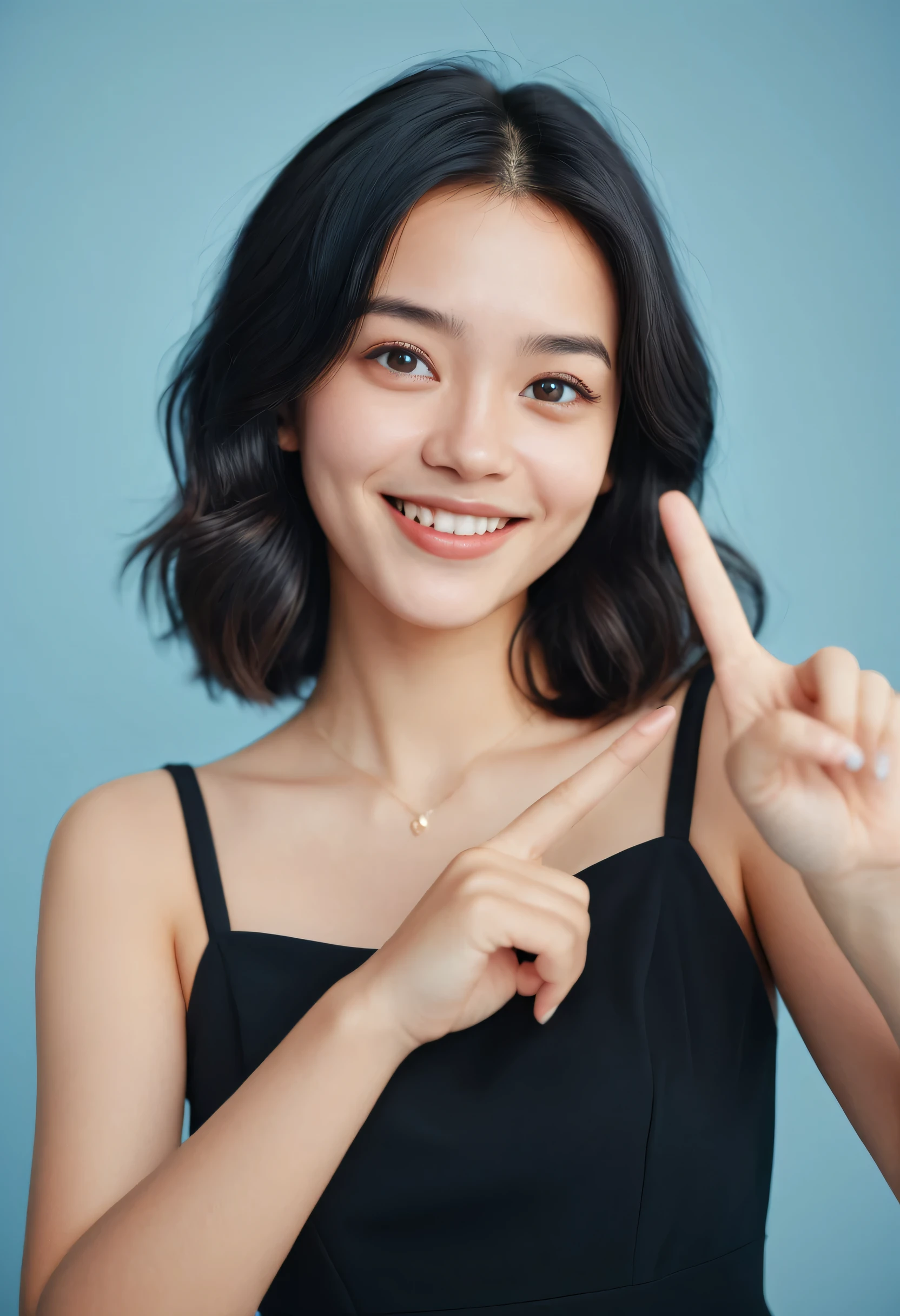 detailed portrait of a young girl, black hair, black dress, one hand making a V sign, smiling, against a simple light blue background, realistic, photorealistic, best quality, 8k, ultra-detailed, sharp focus, vivid colors, physically-based rendering,Film Portrait Photography, One person, Exposing shoulders, Shoulder-length wavy hair, Calm, Calm, (Realistic eyes, Natural skin texture, Realistic facial details), Soft and dramatic lighting, Depth of written boundary, Bokeh, Vivid details, In detail, Surreal, 35mm Film, Blurred, movie,