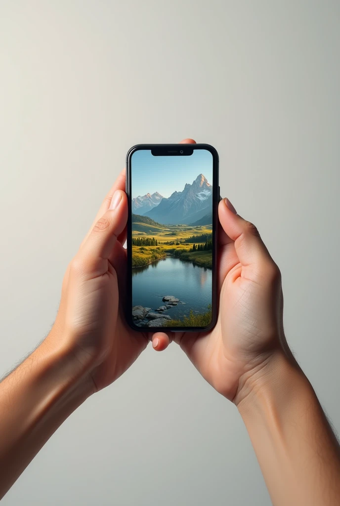 Two hands holding landscape a smart phone, image ratio 16:9.