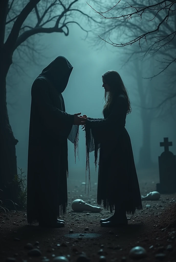 Create me a dark horror image of a man, en train de fournir des cadavres à une femme au cimetière la nuit