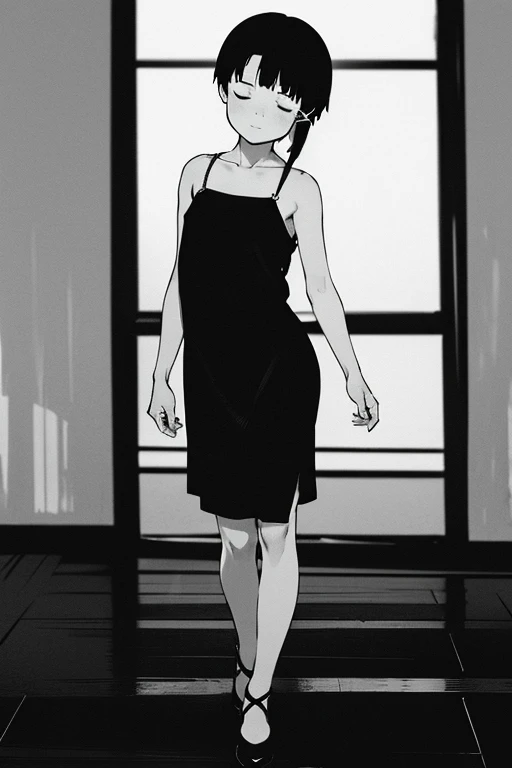 (masterpiece, Highest quality), ((monochrome, black and white photo)), Highest quality, Amazing details, Line art, Written boundary depth, Flat Shading, yoshinari yoh, 1girl, solo, ((iwakura lain)), (iwakura lain is sitting on a stool in a ruined dance hall), black dress, highheels, Expressive eyes, Perfect Face, (skinny, flat chest, small breast), open mouth, (round stool), Art Nouveau, Bokeh, (((Anatomically correct)))
