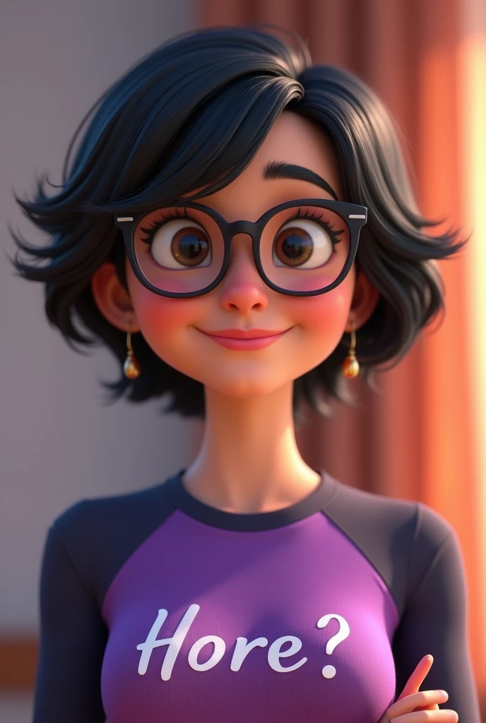 3D animated woman with short black hair in the Pixar style, wearing a purple and black shirt with the words , smiling and with glasses 