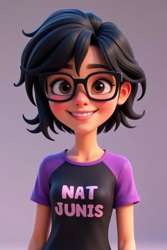 3D animated woman with short black hair in the Pixar style, wearing a purple and black shirt with the words , smiling and with glasses