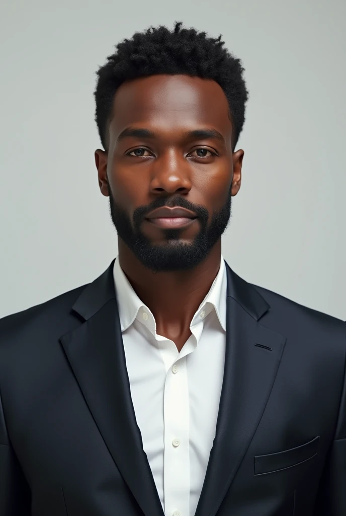 A man light chocolate skin suit and where white shirt show as passport photo