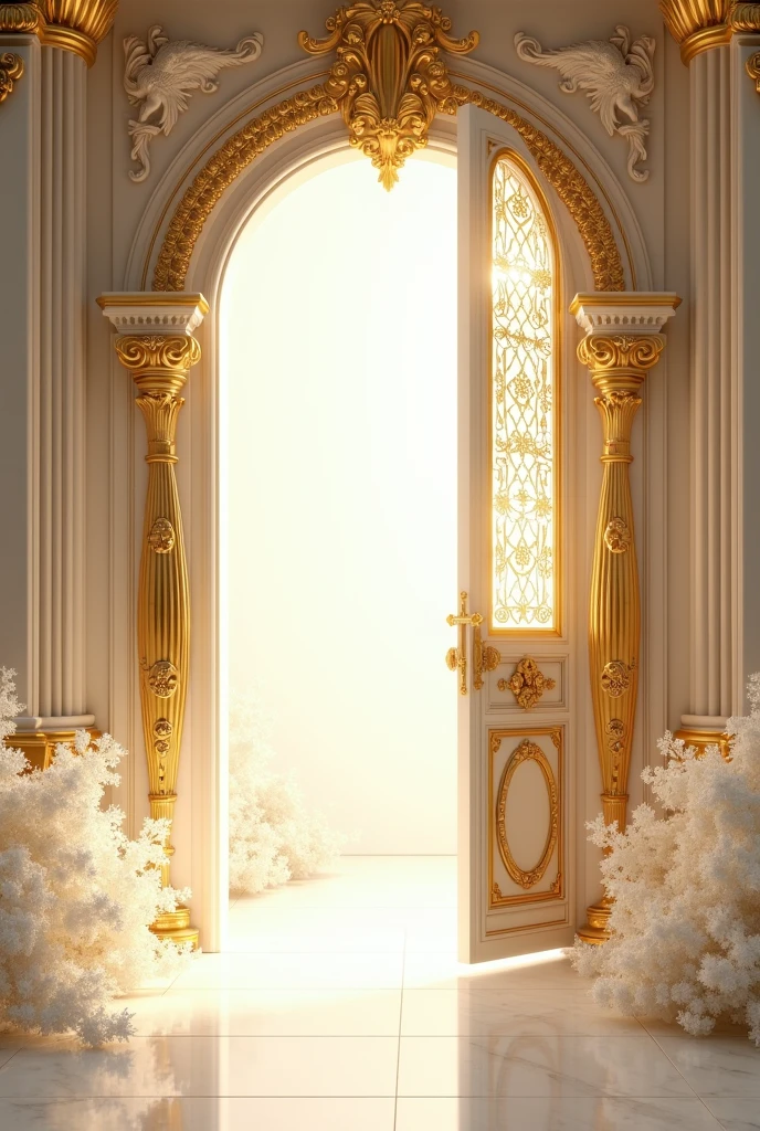 A big open door with entrance of gold and white and decorated with flowers white and golden add some grills and small little angles with covered body and add stairs
