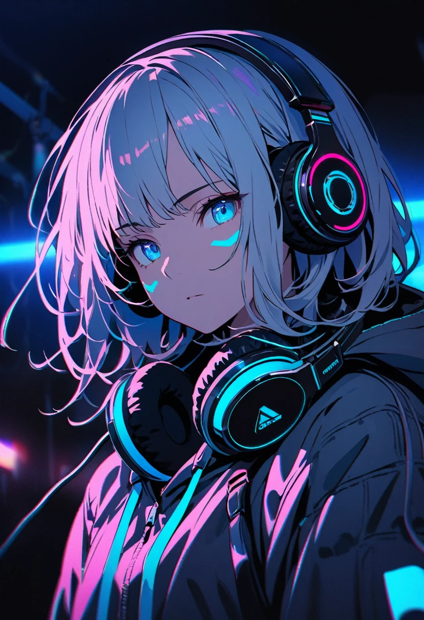 Super detailed,1 person, alone, hoodie, Facial Contour, headphone, RGB lighting headphones, headphones with blue lighting, headphone with cable
