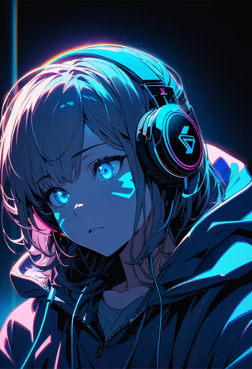 Super detailed,1 person, alone, hoodie, Facial Contour, headphone, RGB lighting headphones, headphones with blue lighting, headphone with cable