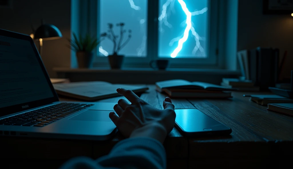 A photo of a mobile phone and a beautiful hand on a dark table, including a table, a study lamp, a laptop and books kept on a table. A window in the room is illuminated by a lightning strike, revealing raindrops hitting the glass. The overall atmosphere of the photo is eerie and mysterious. top view