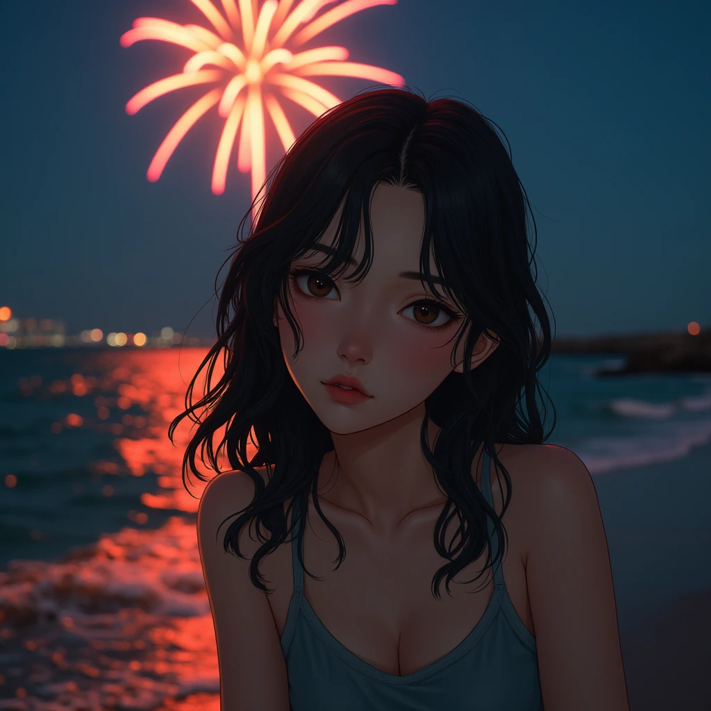 抱き合う一卵性双生児姉younger sister、Japanese，1，younger sister，Randomly generated people with diverse facial features and hairstyles々，Perfect Anatomy,Ocean，Beach，firework，Night Sky，Launch firework， Ocean，Kind woman，photo shoot，magazine photograph