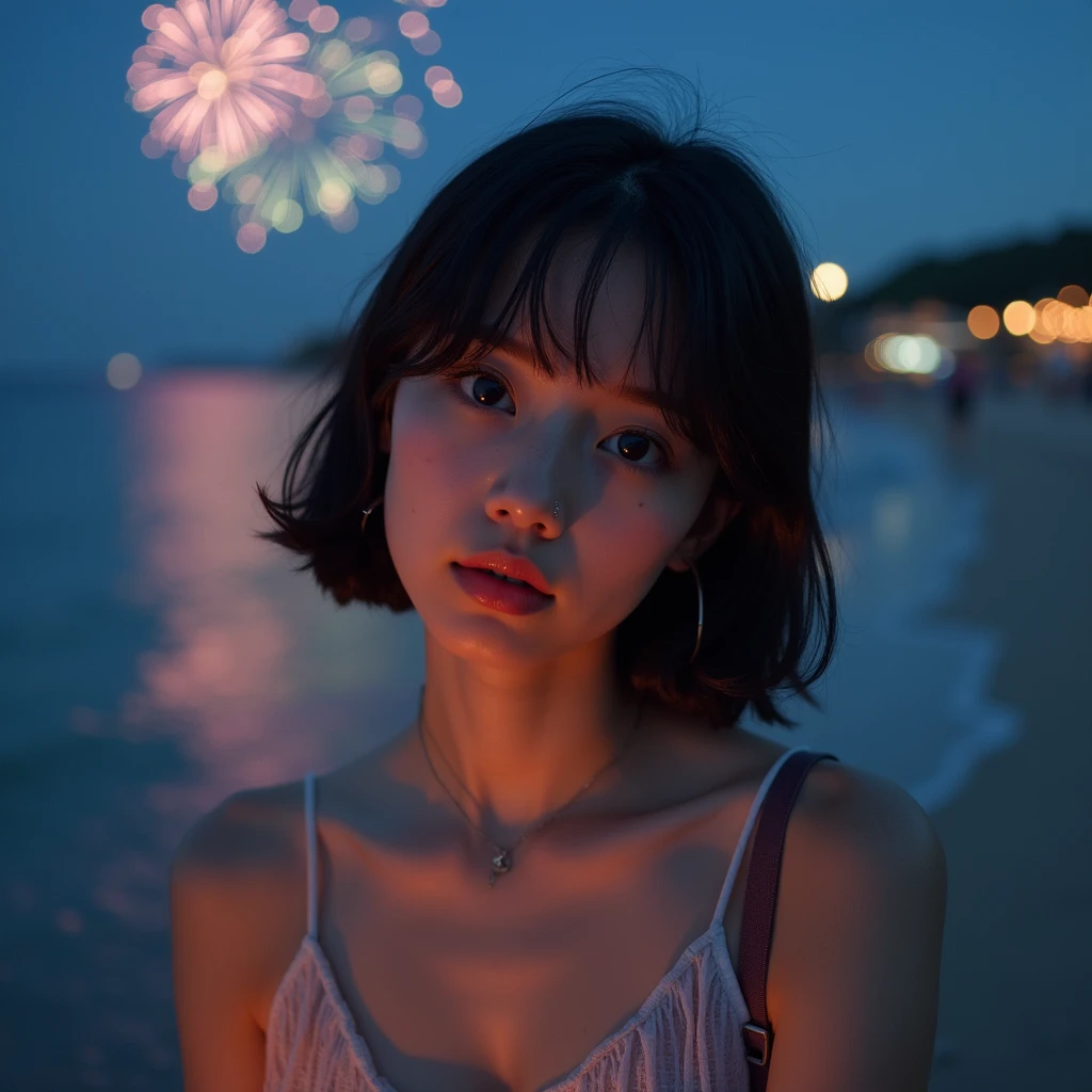 抱き合う一卵性双生児姉younger sister、Japanese,1,younger sister,Randomly generated people with diverse facial features and hairstyles々,Perfect Anatomy,Ocean,Beach,firework,Night Sky,Launch firework, Ocean,Kind woman,photo shoot,magazine photograph
