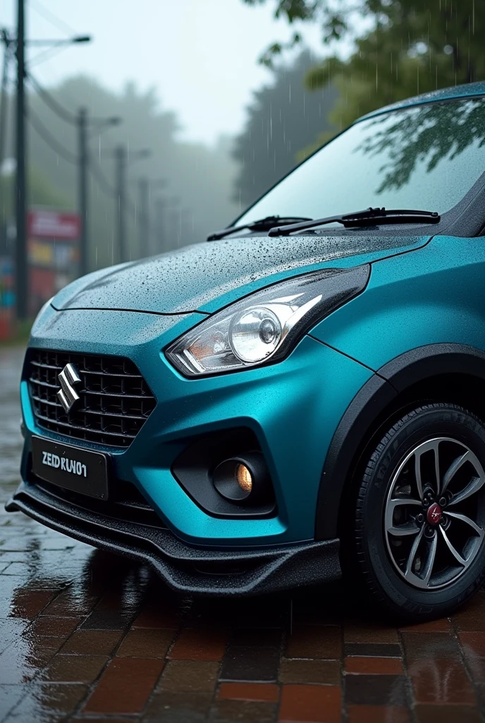 A car , company : Maruti Suzuki, model: Zen estilo, make: 2009, body dark blue with cyan color , top roof black color. With rain guard and spoilers Create the image. Use side view from front side 