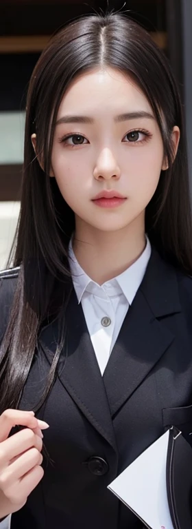 1 Female、(so beautiful)、(Beautiful Face:1.5)、(Detailed face)、standing、(H-ig H-sc H-ool uniform)、black jacket、(He's naked under his suit and shirtless、No underwear on、Checkered mini skirt)、Brown Hair、(Slightly heavy makeup)、(Building rooftop)、((Aim with a shotgun rifle:1.5))、