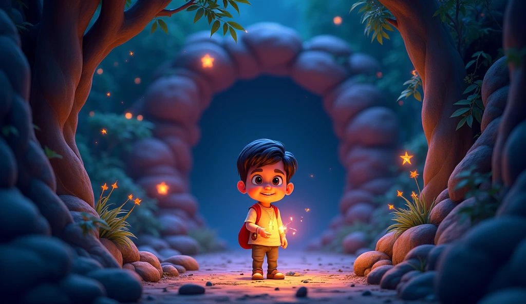 In cinematic 3d cartoon style indian Here’s a thumbnail prompt designed to be visually appealing, eye-catching, and clickable for your story Create a vibrant and captivating thumbnail showing a young, curious boy standing at the entrance of a dark, mysterious cave. The boy is holding a glowing torch, which illuminates his determined expression. Behind him, a dense forest looms, while mystical glowing symbols float around the cave entrance. Inside the cave, a faint glow of a magical crystal is visible. The atmosphere should feel both adventurous and mysterious. **Text on Thumbnail:** Use bold, colorful Hindi text like “जादुई गुफा की रहस्यमयी कहानी” placed above the image. Add a glowing effect around the text to make it pop. **Design Tips:** - Include a golden, magical glow coming from inside the cave.- Use contrast: make the cave dark with a glowing light, and the boy highlighted against the dark background.- Add elements like sparkles, mist, or enchanted symbols to evoke a magical feel.- Use a bold red or yellow outline for the text for maximum visibility.
ghana jungle magical cave