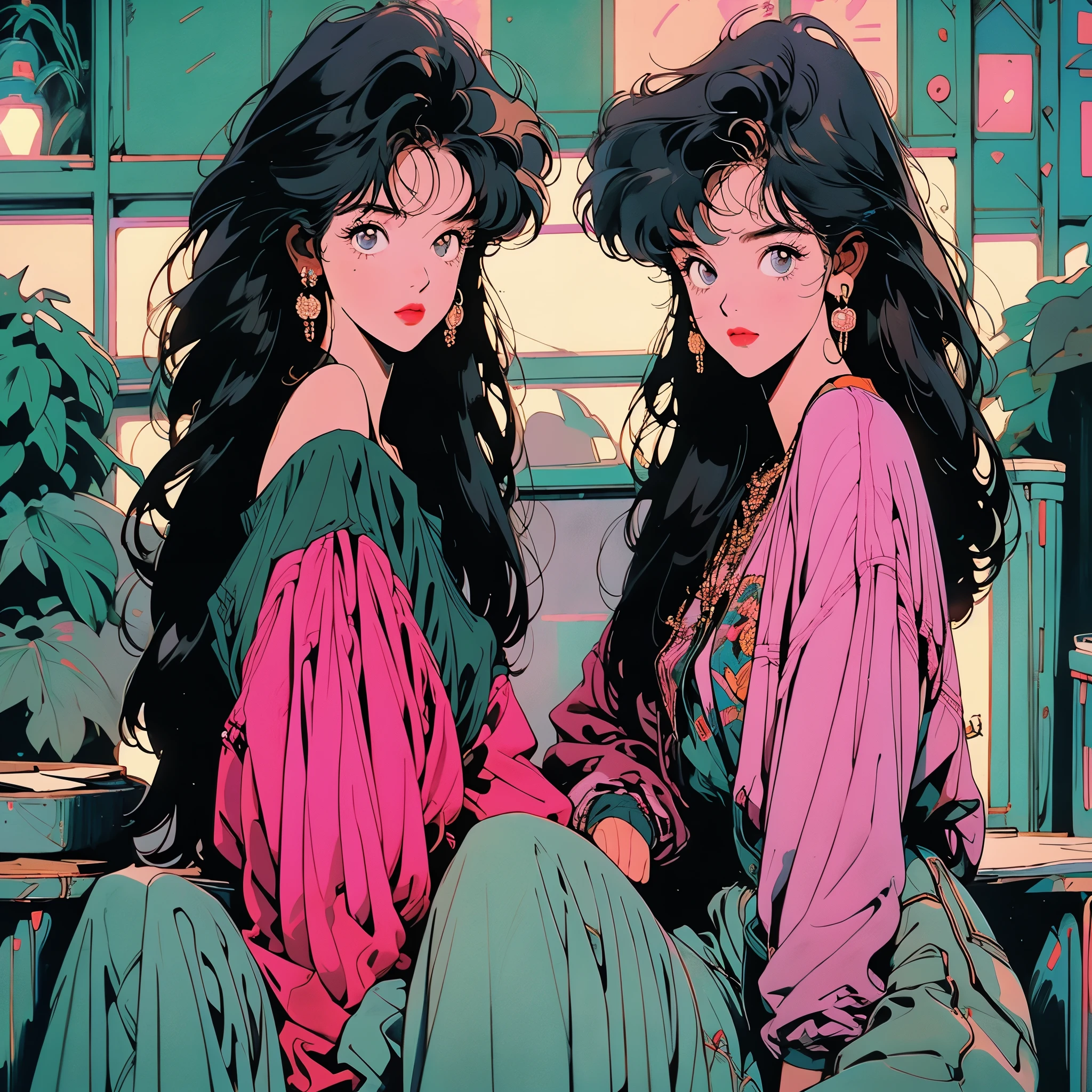 A young Japanese beauty sips beer from a beer jockey in an 80's anime-inspired setting. She sits on a wooden stool, surrounded by neon-lit cityscapes at dusk. The beer jockey is held elegantly between her fingers, with a subtle smile playing on her lips. Her long black hair flows like silk in the soft glow of the city lights, while her bright pink dress adds a pop of color to the scene.1990s anime style,