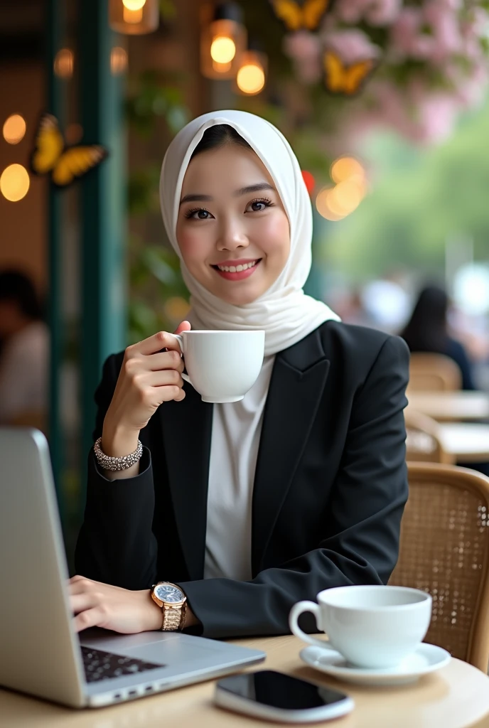 Beautiful Korean girl, smooth white skin, well-groomed face, white hijab, black jacket, white shirt, luxury watch, sitting in a roadside cafe, open area) drinking coffee, on the table there is an iPhone laptop) and an iPhone 14 pro cellphone,) smiling thinly looking at the camera, at another table you can see there are also people drinking coffee.) the background is a beautiful city park) there are beautiful flowers blooming, colorful. large beautiful butterflies flying, the original photo is realistic