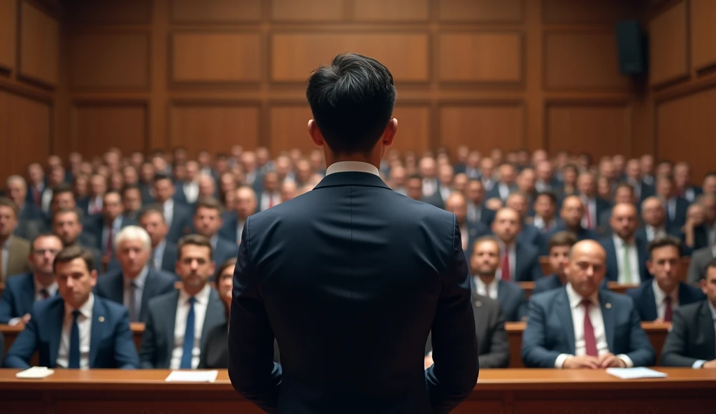 A young Asian man in a suit is speaking to politicians from various countries sitting in their seats in a huge lecture hall.,Politicians from all over the world are looking at men,No flags appear,