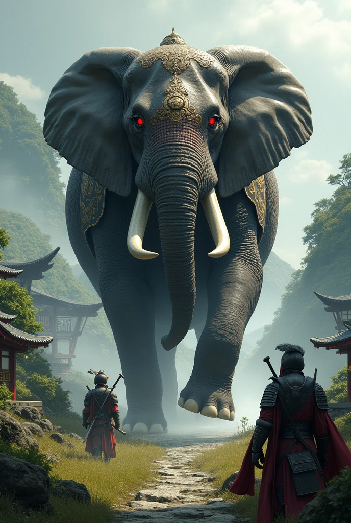 Elephant walking in the land of Japanese with the warrior enemies elephant wearing warrior suit with the red eyes and scary look