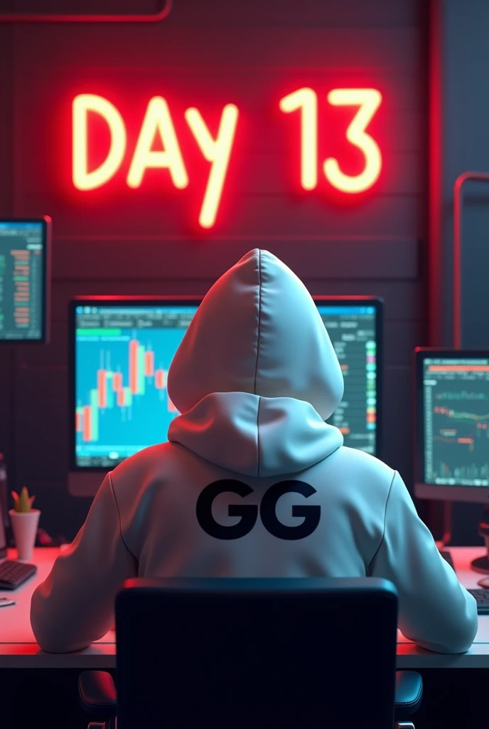 Create a 3d image of a man sitting in trading room on money and working on trading application on his pc the boy face not visible must white hoodie and his name "G G" written on the hoodie. Pic from back side pc monitor visible. And wall  "Day 13" written on red neon light.