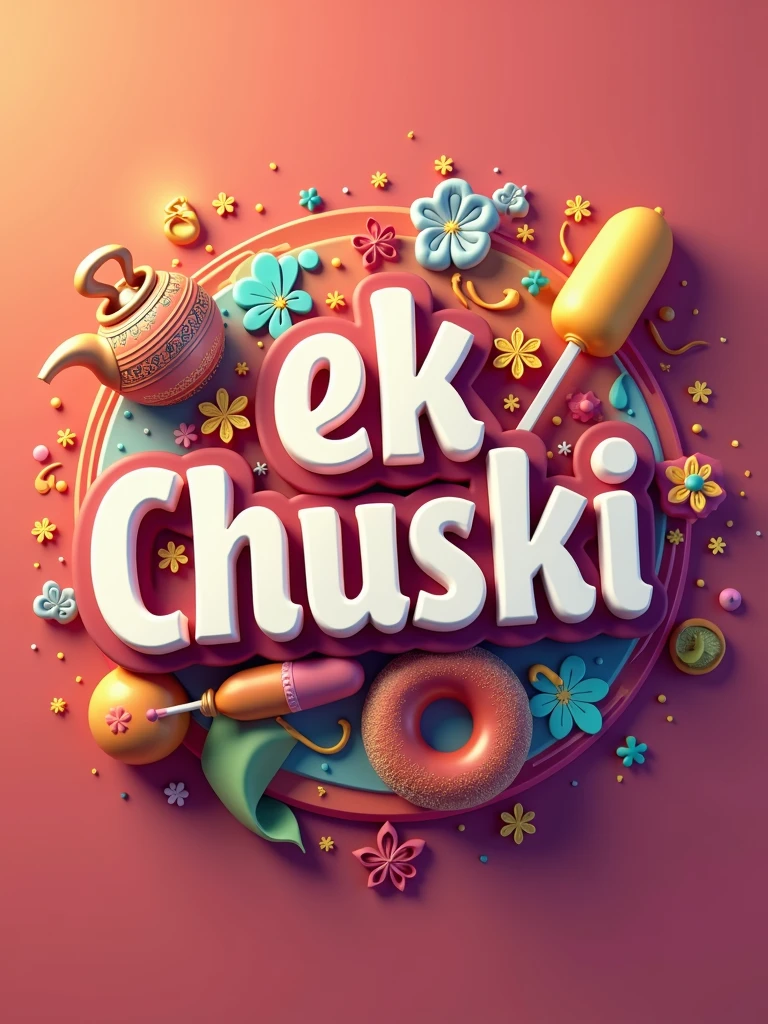 create a colorful 3D logo with the text "Ek Chuski" with infotainment elements like tea cup, ice candy, bollywood