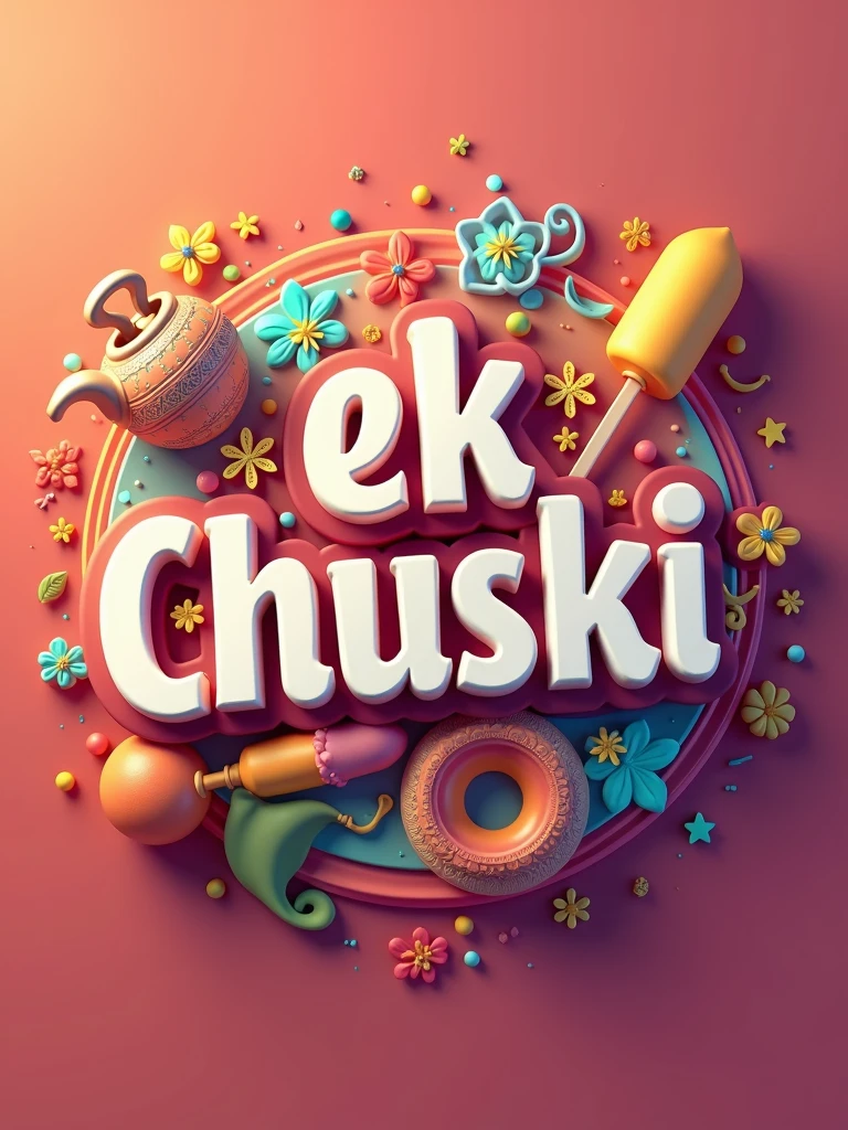 create a colorful 3D logo with the text "Ek Chuski" with infotainment elements like tea cup, ice candy, bollywood