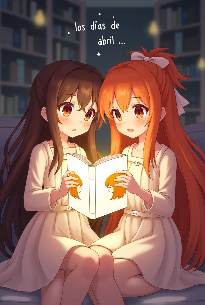 Two anime style softy friends looking at each other one of the girls has long brown hair and the other girl has long orange hair, They are reading a book with their eyes open. The book is white and has a profile of a girl with orange hair on the cover. A light comes out of the book., The book is white and above the girls reading is the phrase the days of April in Spanish and the girls are excited 
