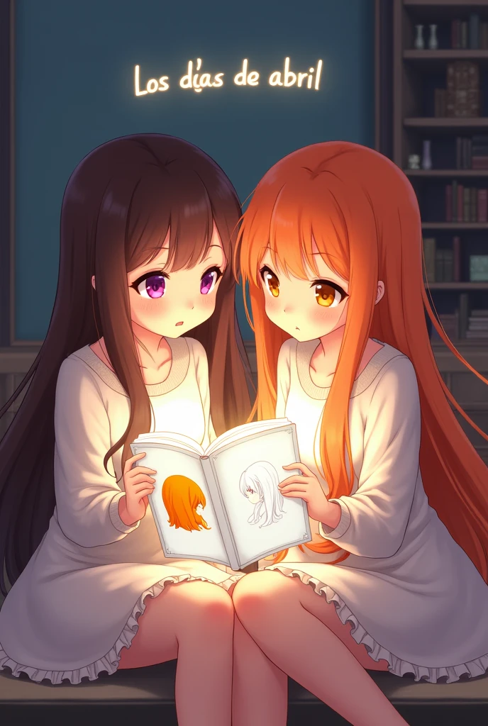 Two anime style softy friends looking at each other one of the girls has long brown hair and the other girl has long orange hair, They are reading a book with their eyes open. The book is white and has a profile of a girl with orange hair on the cover. A light comes out of the book., The book is white and above the girls reading is the phrase the days of April in Spanish and the girls are excited