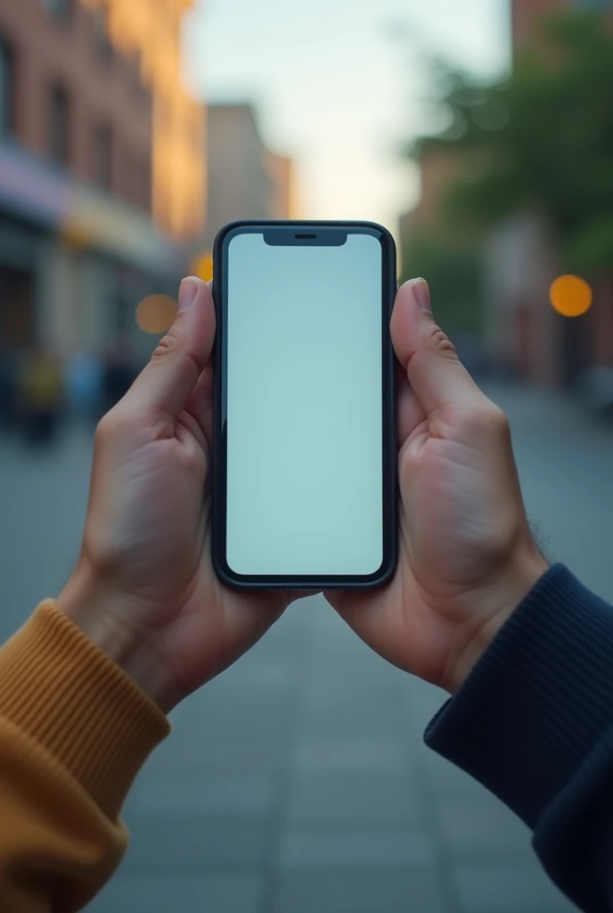 Two hands holding a smart phone, image ratio 16:9, landscape.
