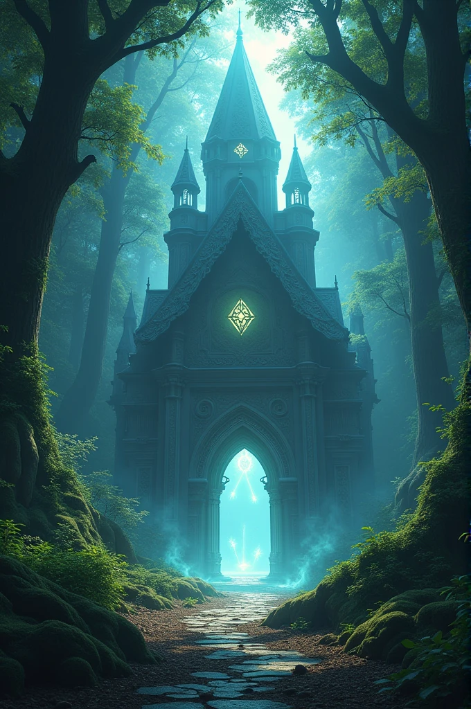 "Sage's hidden mystical palace in the middle of a dense forest, barely visible through an illusionary barrier with shimmering, ghostly light."