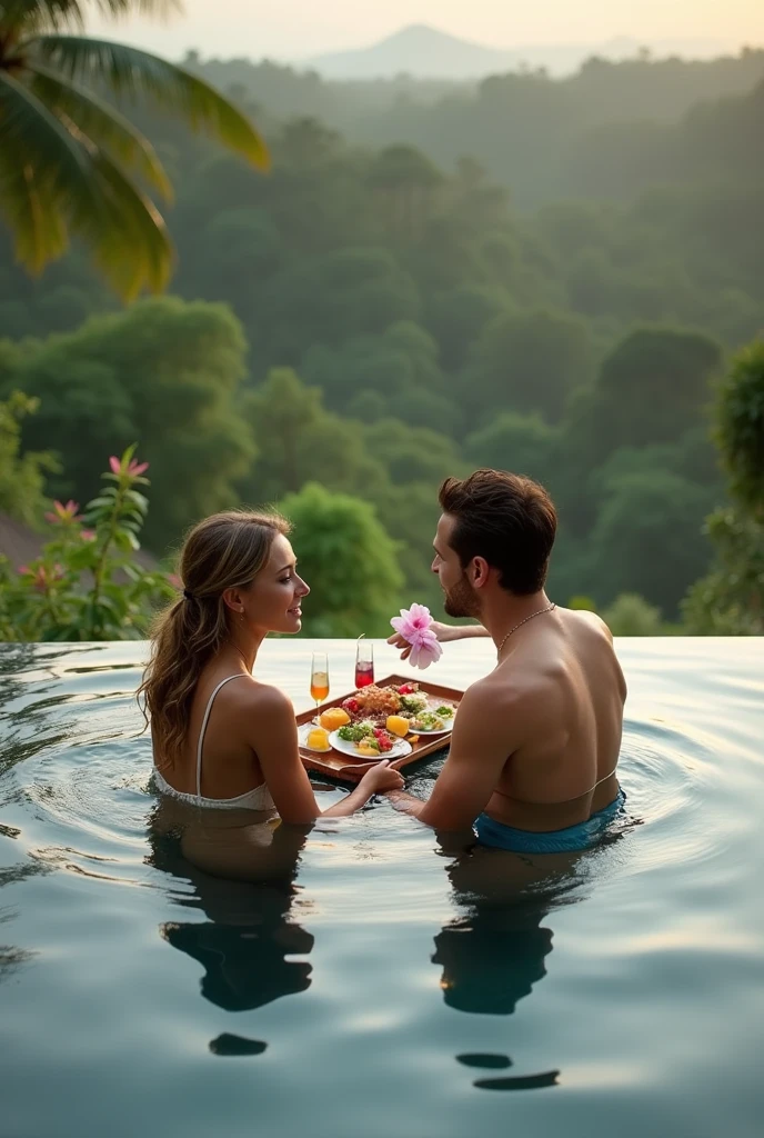 a carousel ad featuring: a romantic couple wear swim suit enjoying a floating breakfast in the infinity pool The ad caption could read: "Experience romance and relaxation at Puri Sebali Resort, your paradise in Ubud."