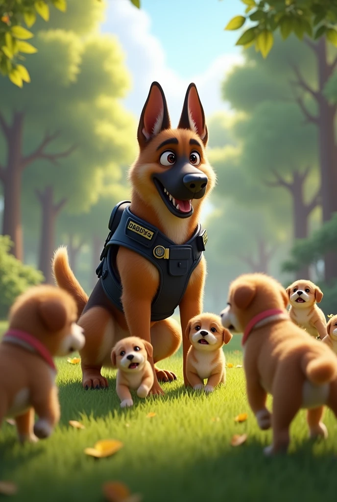 Describe a scene where a police dog tries to teach a group of puppies to sniff out clues, but they just want to play hide-and-seek.”