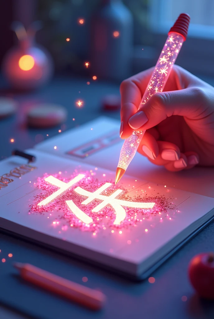 Fascinating, hyper-realistic 16K 3D illustration captures a magical moment of pure creativity. An artist is skillfully depicting a message, "qian", In the notebook. The text is composed of Energetic, The color of the sepia star smoothly transitions across the spectrum. Artist's Hand, Holding a transparent pen filled with bright stars, Exquisite details, Symbolizes unlimited creativity and imagination. The background is a 3D sketchbook setting,Scattered throughout, For this charming, gameffiti-inspired scene. The illustration radiates energy, move, and Energetic colors, Making it a true work of art that celebrates creativity and imagination., game, Movie, Energetic, gameffiti, , typogamephy, product, illustration, photo, 3D Rendering, Fashion, Dark Fantasy