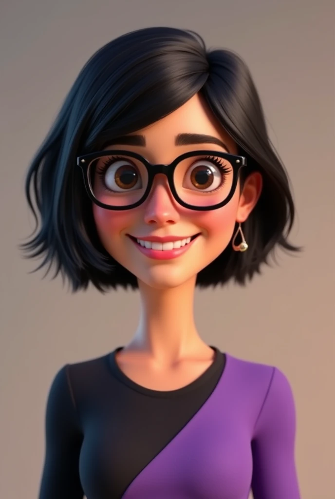 3D animated woman with short black hair in the Pixar style, wearing a purple and black shirt , smiling and with glasses
