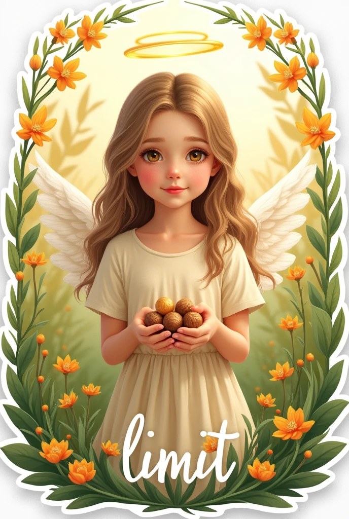 Drawn angel, girl child- sticker, holds nuts, nimbus, long hair, grass, flowers , summer, holiday. word "limit" it is written in beautiful font at the bottom of the sticker,  in Cyrillic 