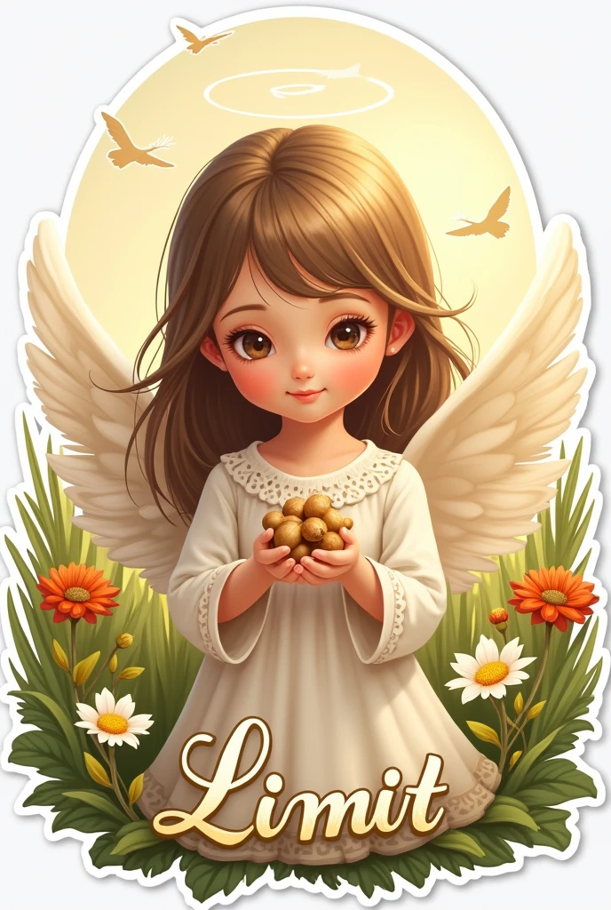 Drawn angel, girl child- sticker, holds nuts, nimbus, long hair, grass, flowers , summer, holiday. word "limit" it is written in beautiful font at the bottom of the sticker, in Cyrillic