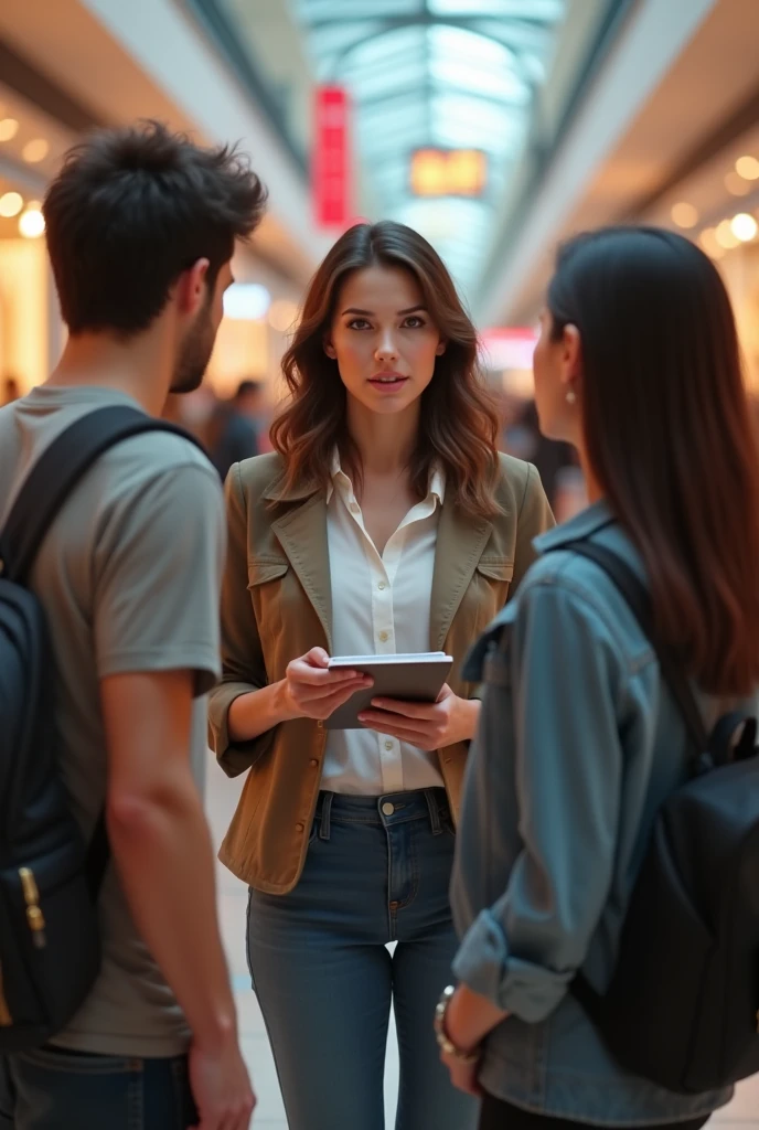 a women holding her notebook approach two people at the mall