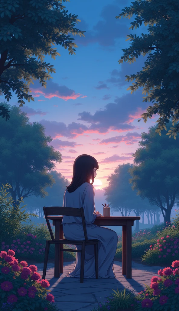 Anime sitting on wooden desk, wearing loose abaya, Evening calm, as twilight descends, the park glows with serene beauty. the vibrant flowers and trees contrast with the deepening blue sky, creating a peaceful scene, A perfect moment of tranquility amidst nature
