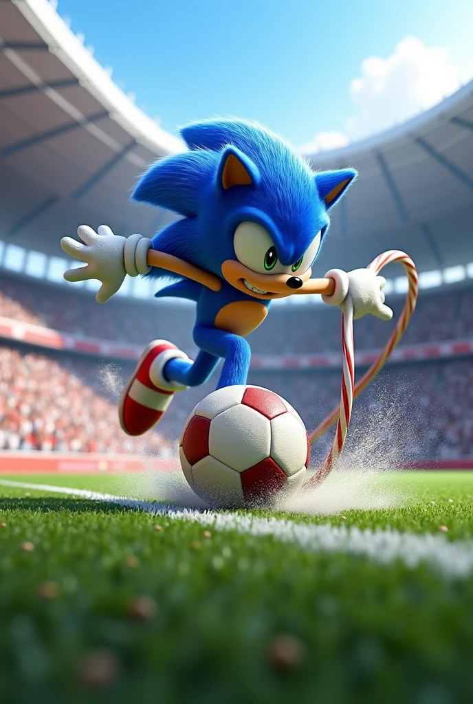 Sonic playing ball with a hoop in a soccer stadium 