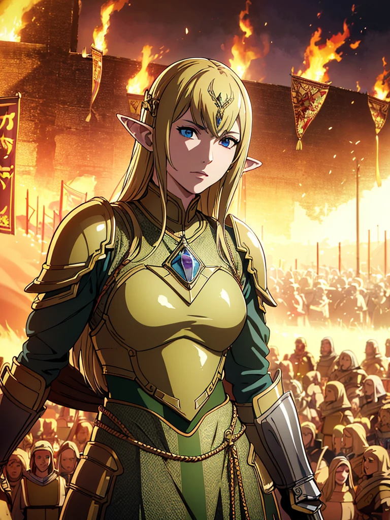 8 K, Best quality, masterpiece, ultra high resolution, (Realism: 1.4), Original photo, (realistic skin texture: 1.3), (granularity: 1.3),masterpiece, Best quality, The heavily armored Elven army marches in tight formation with raised banners across the burning fields., each soldier is drawn in detail