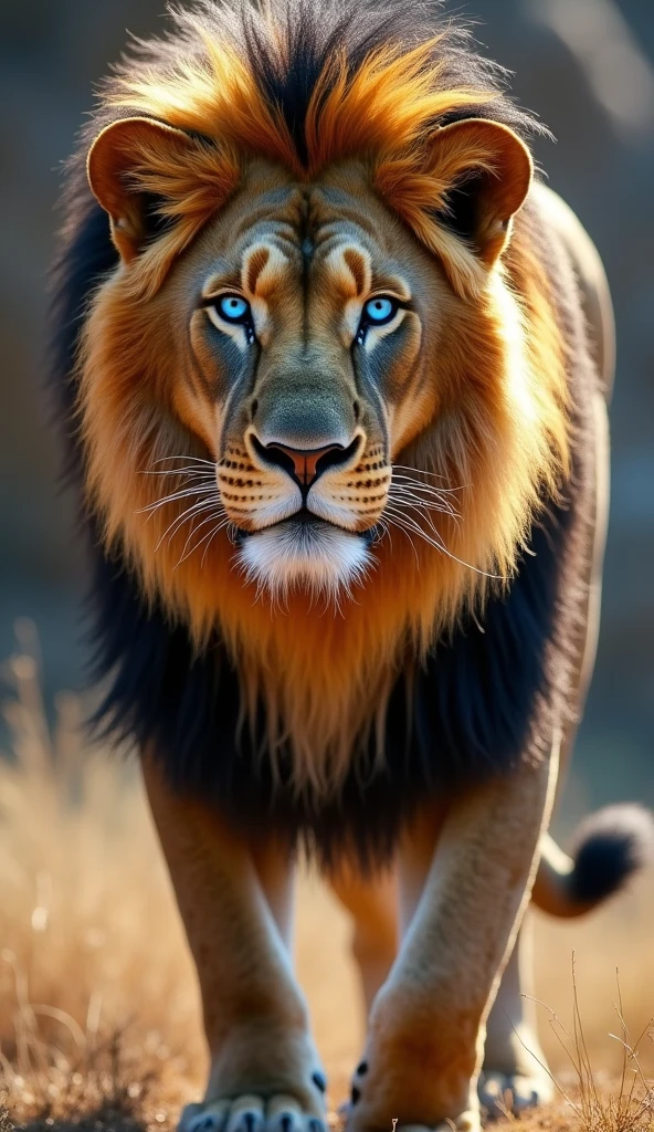 Create an ultra realistic 8k image of a big strong lion , blue eyed handsome