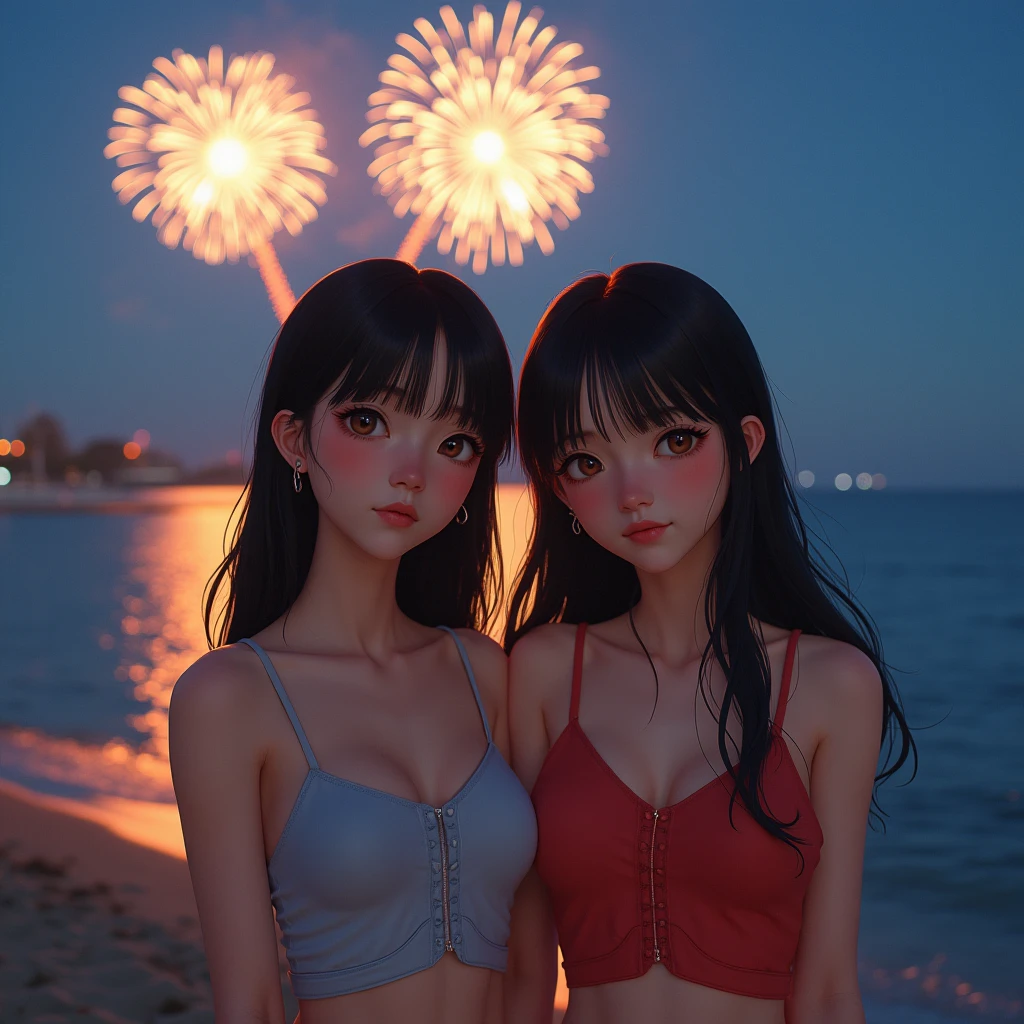 抱き合う一卵性双生児姉younger sister、Japanese,1,younger sister,Randomly generated twins with diverse facial features and hairstyles,Perfect Anatomy,Ocean,Beach,firework,Night Sky,Launch firework, Ocean,Kind woman,photo shoot,magazine photograph